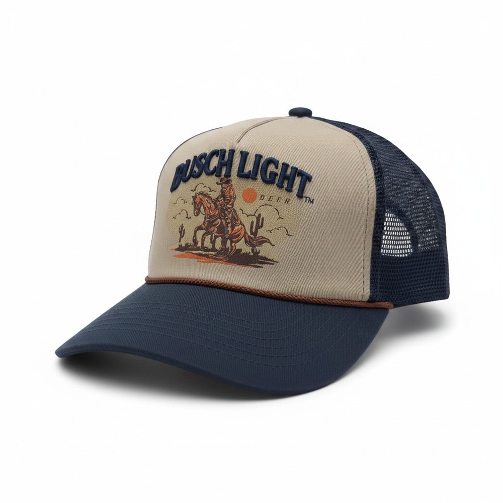 Busch Light Cowboy Trucker Hat Navy Blue Tan Snapback H3 BA95584BSL NWT